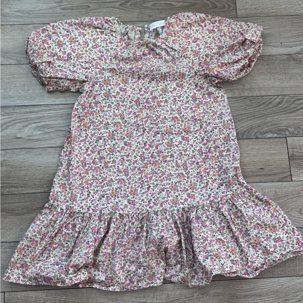 Zara Floral Puff-Sleeve Dress in White with Pink and Green Floral Print
